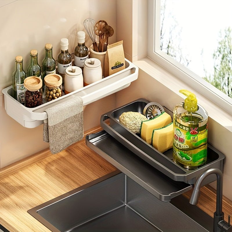 1pc Space - Saving Kitchen Sink Organizer - White Plastic Drain Rack with Towel Holder, Multi - Functional Wall - Mounted Storage for Sponges, Soap & Cleaning Tools, Ideal for Home Use, Kitchen Sink Accessories - HazMarket