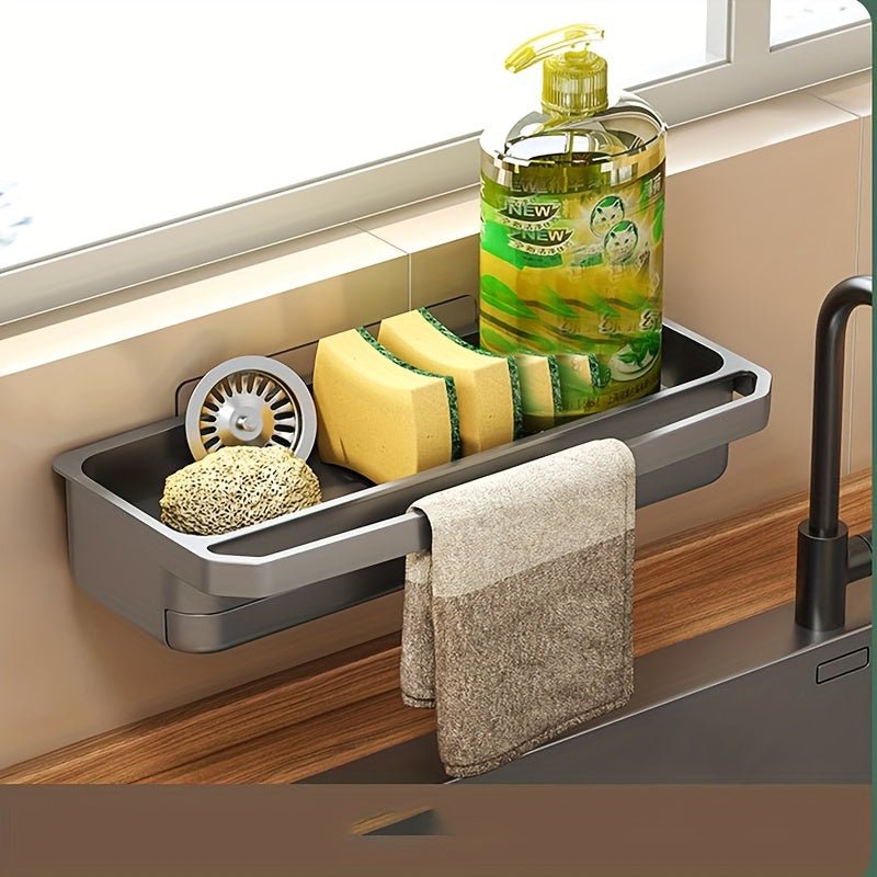 1pc Space - Saving Kitchen Sink Organizer - White Plastic Drain Rack with Towel Holder, Multi - Functional Wall - Mounted Storage for Sponges, Soap & Cleaning Tools, Ideal for Home Use, Kitchen Sink Accessories - HazMarket