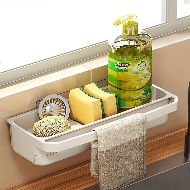 1pc Space - Saving Kitchen Sink Organizer - White Plastic Drain Rack with Towel Holder, Multi - Functional Wall - Mounted Storage for Sponges, Soap & Cleaning Tools, Ideal for Home Use, Kitchen Sink Accessories - HazMarket
