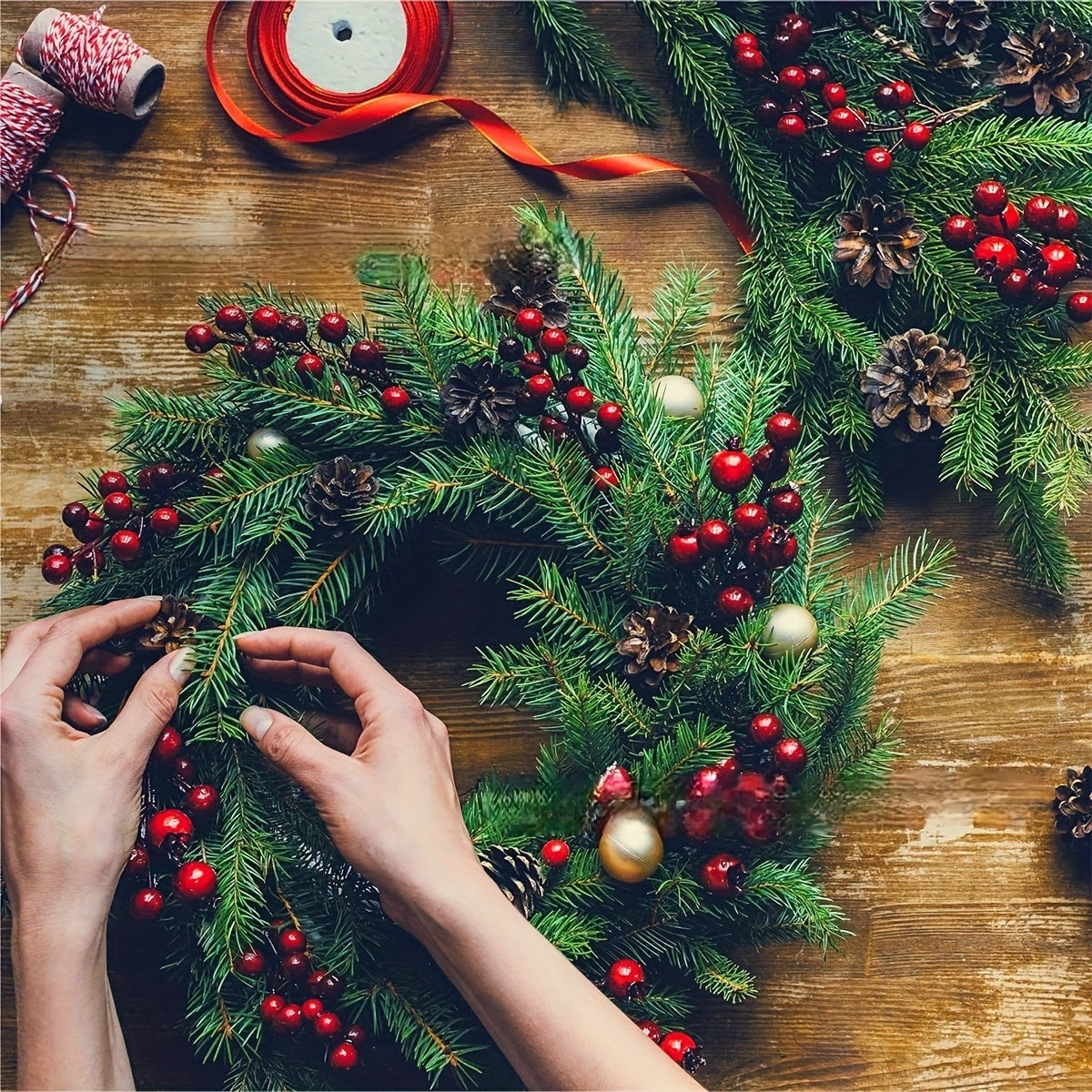 32 Stems Artificial Pine Needles and Red Berries Holiday Decor