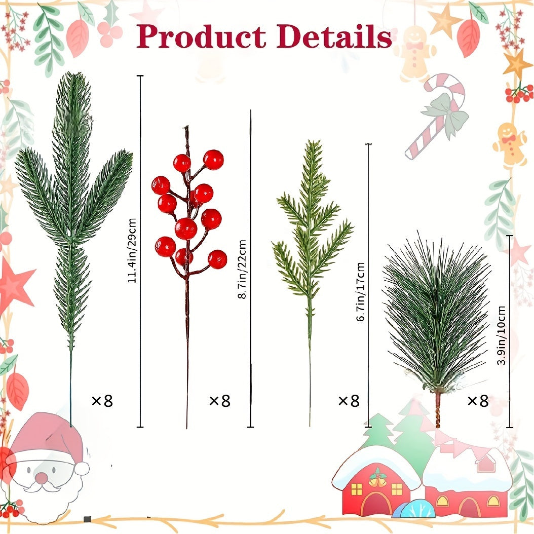 32 Stems Artificial Pine Needles and Red Berries Holiday Decor