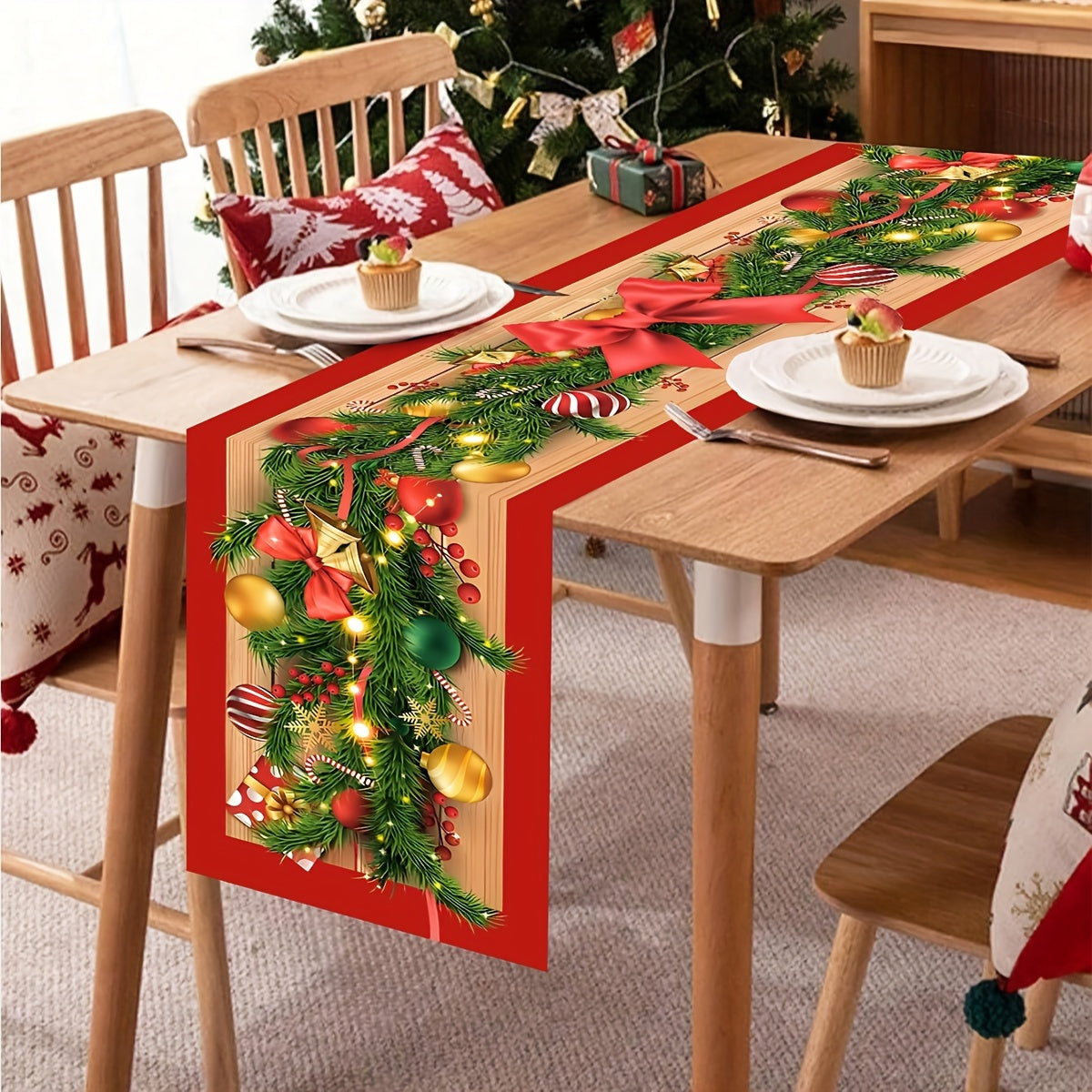1pc Christmas Table Runner with Flower Vine & Bow Design