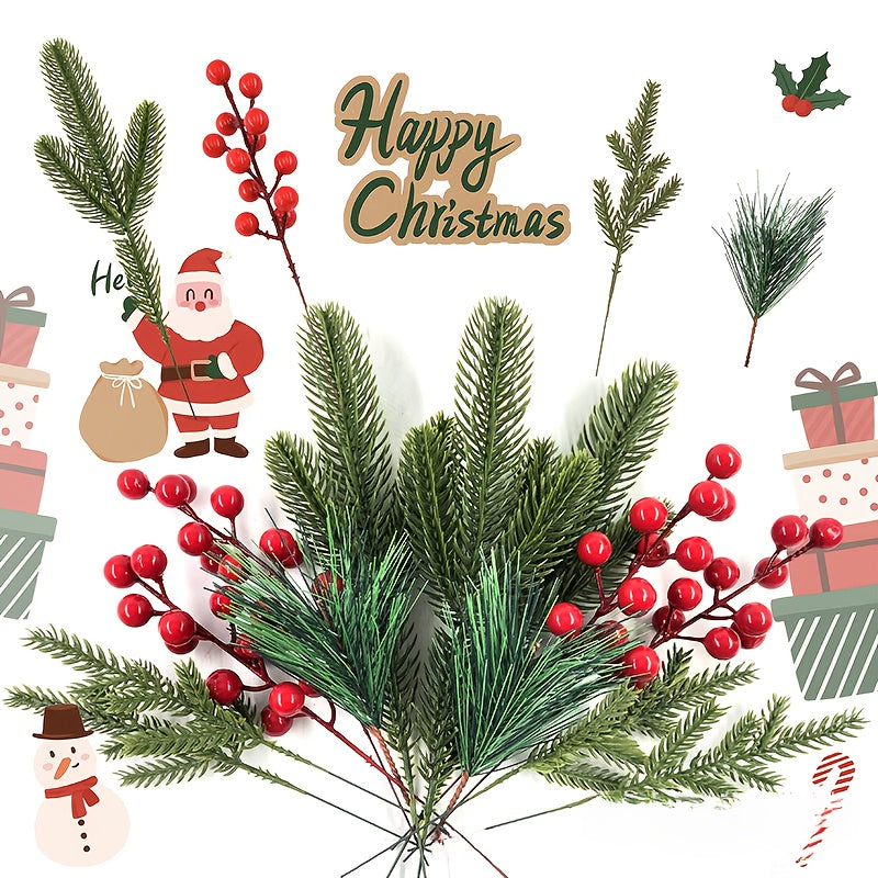 32 Stems Artificial Pine Needles and Red Berries Holiday Decor