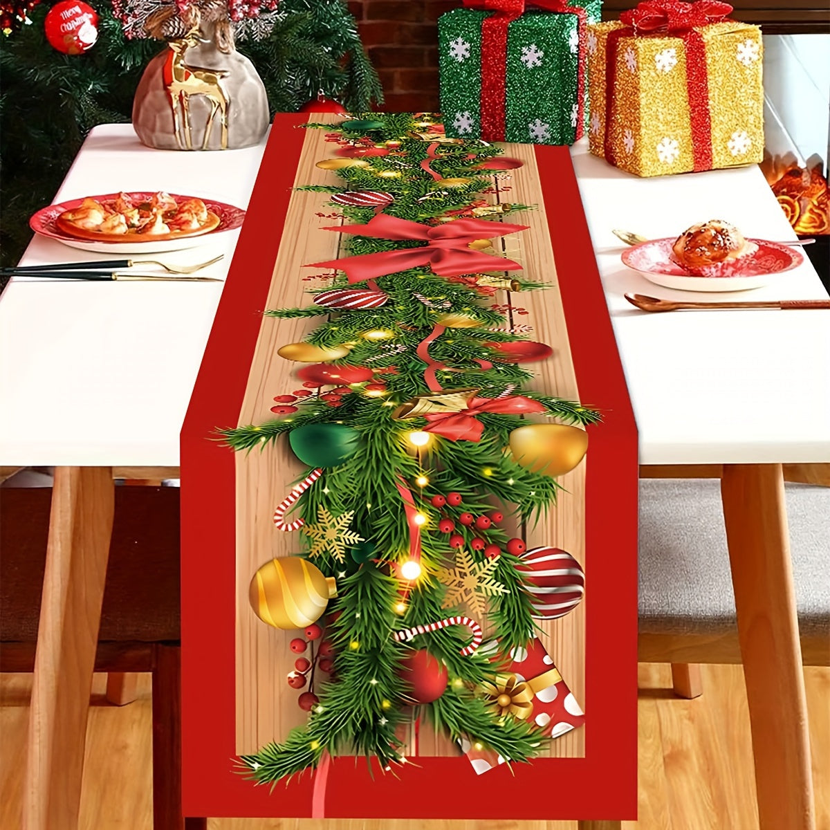 1pc Christmas Table Runner with Flower Vine & Bow Design