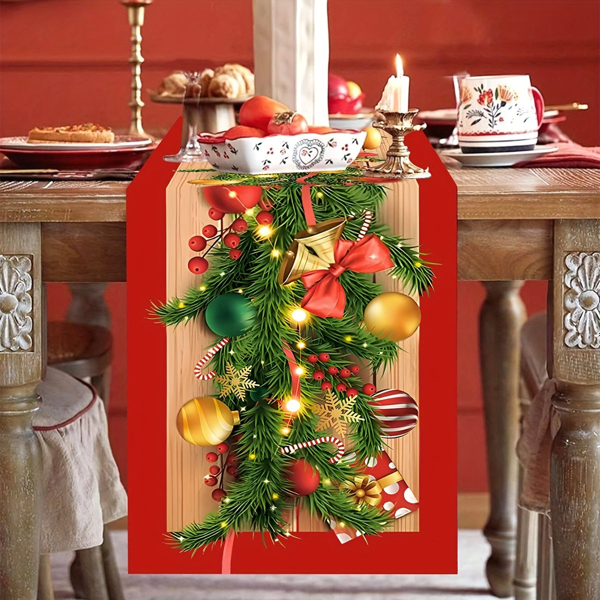 1pc Christmas Table Runner with Flower Vine & Bow Design
