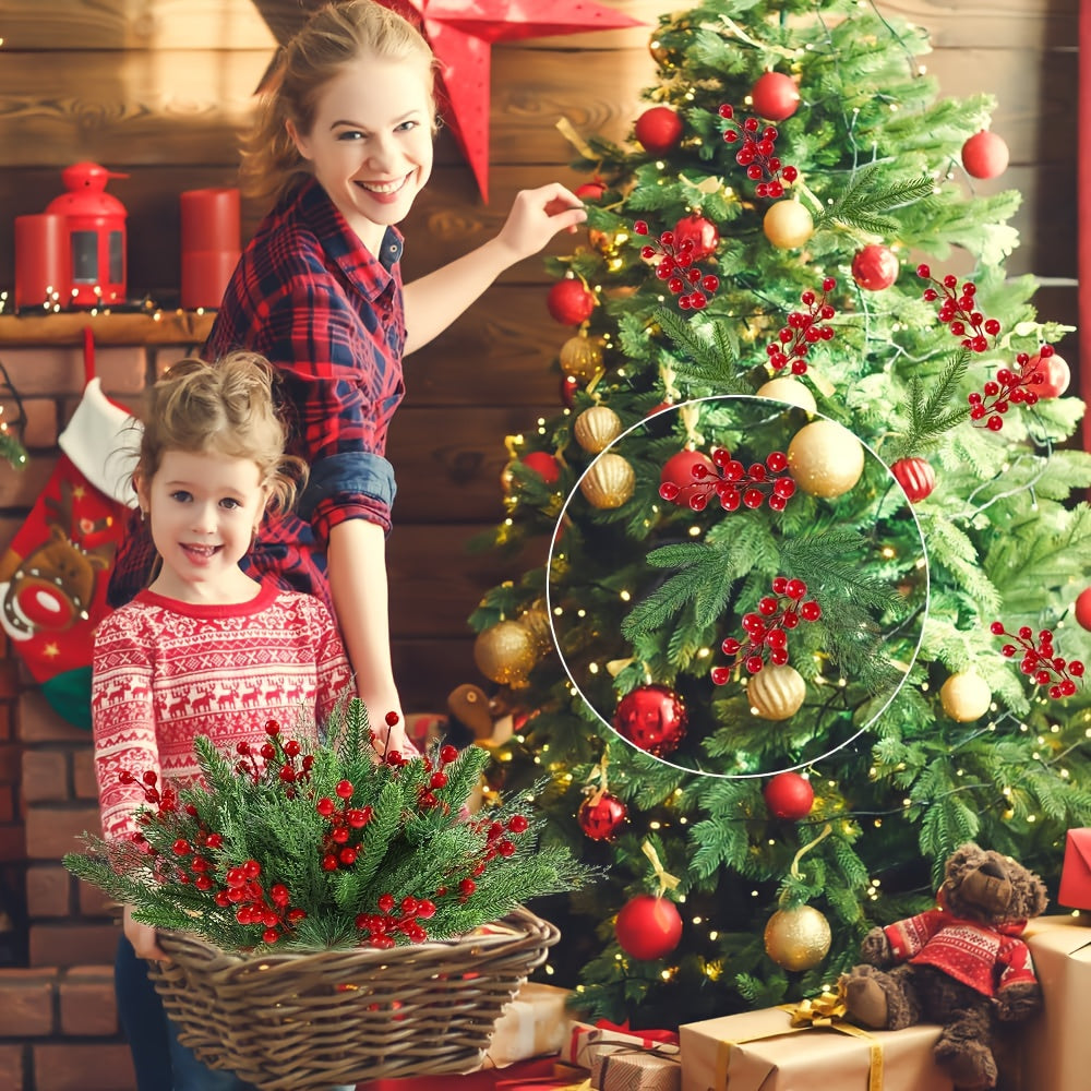 32 Stems Artificial Pine Needles and Red Berries Holiday Decor