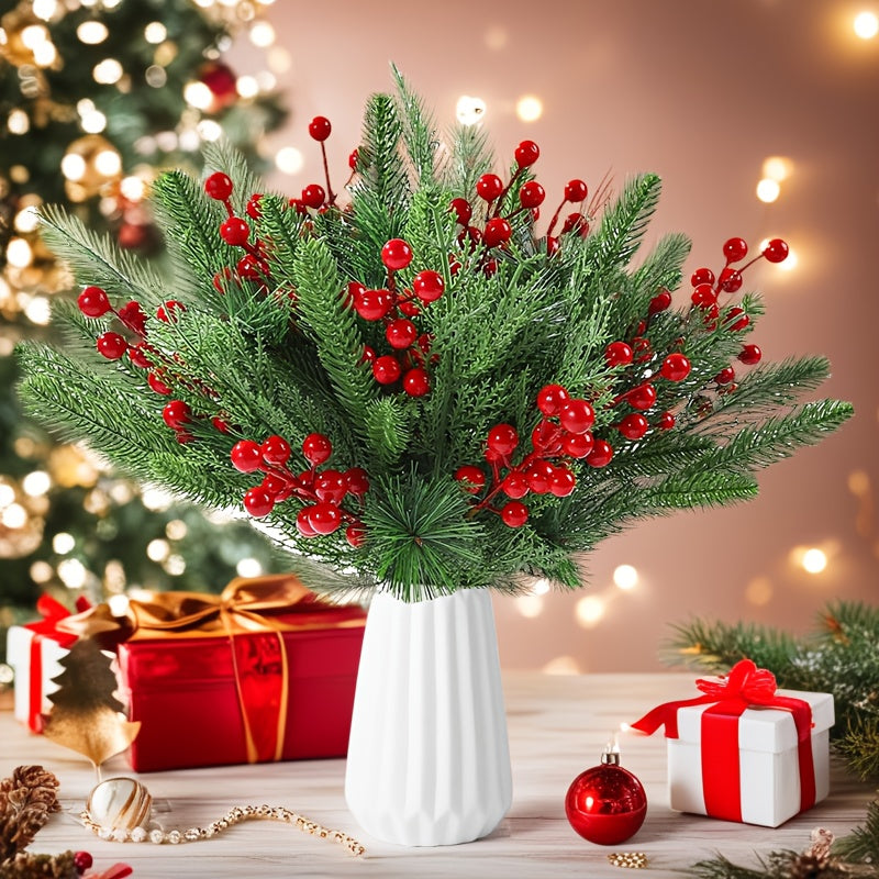 32 Stems Artificial Pine Needles and Red Berries Holiday Decor