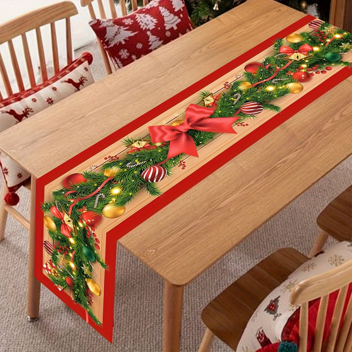 1pc Christmas Table Runner with Flower Vine & Bow Design