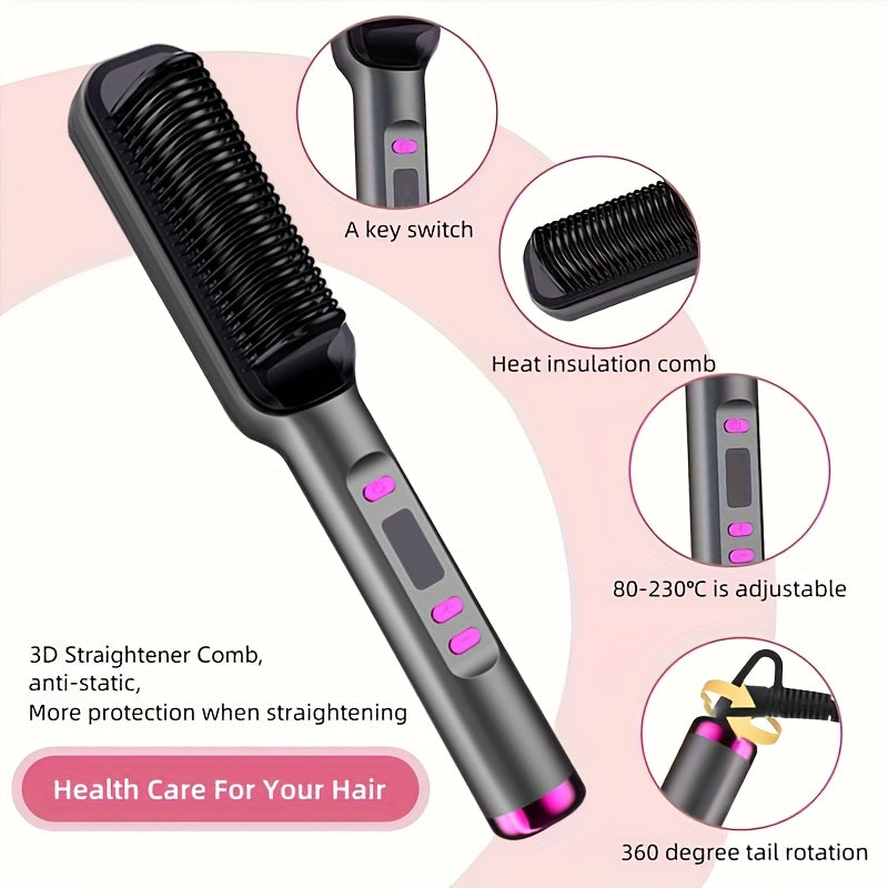 2-in-1 Straight & Curling Hair Comb with LCD Display