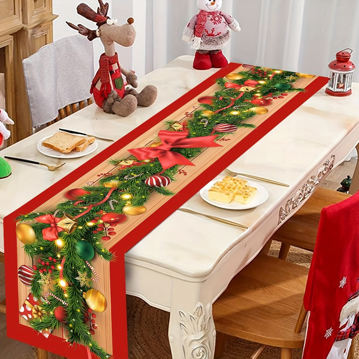 1pc Christmas Table Runner with Flower Vine & Bow Design