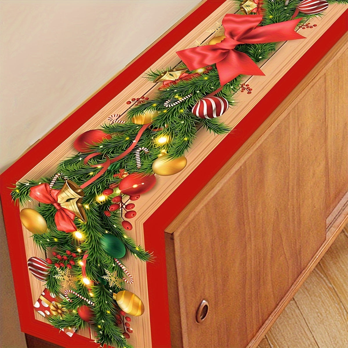 1pc Christmas Table Runner with Flower Vine & Bow Design