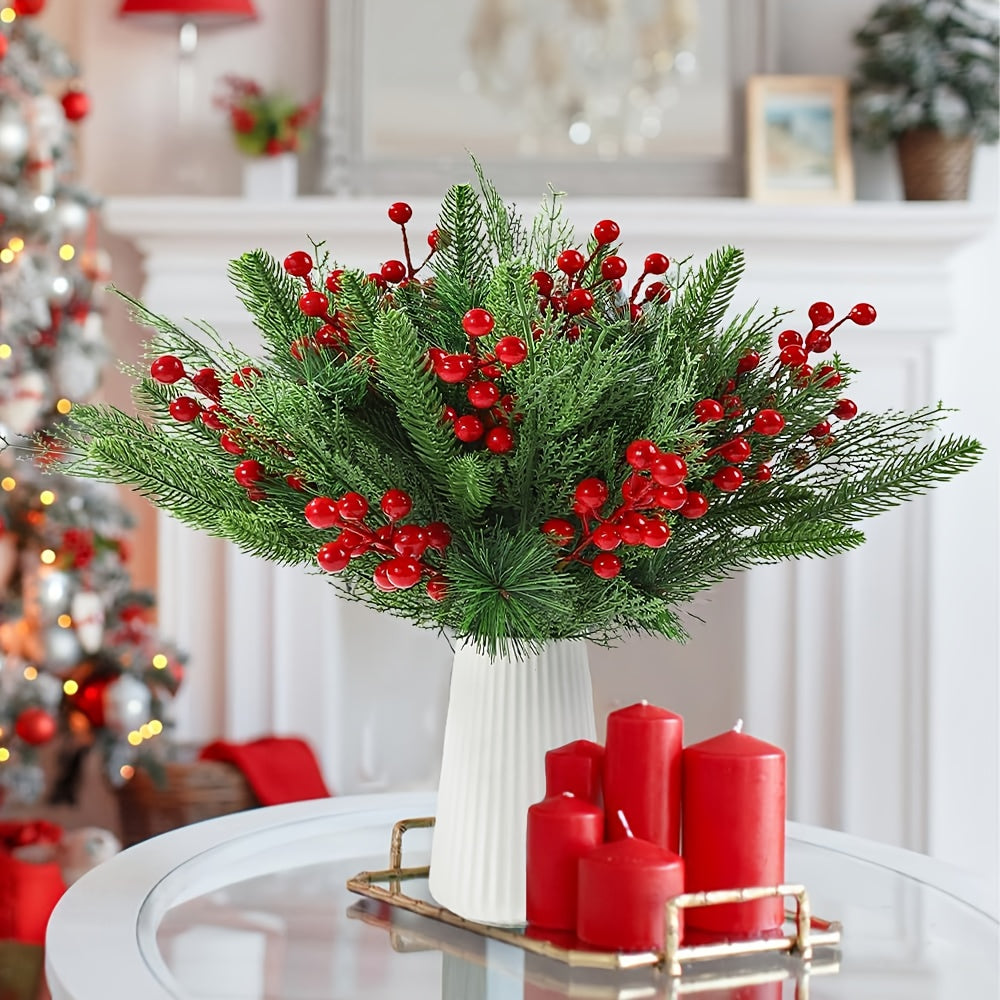 32 Stems Artificial Pine Needles and Red Berries Holiday Decor