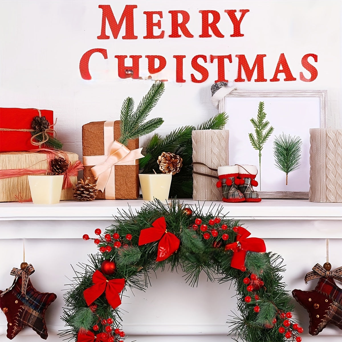 32 Stems Artificial Pine Needles and Red Berries Holiday Decor