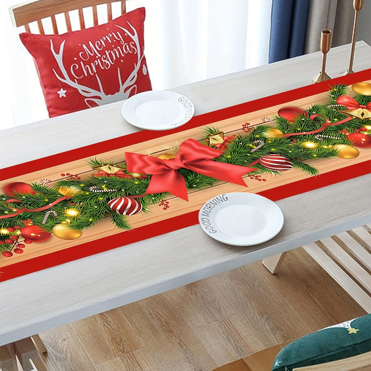 1pc Christmas Table Runner with Flower Vine & Bow Design