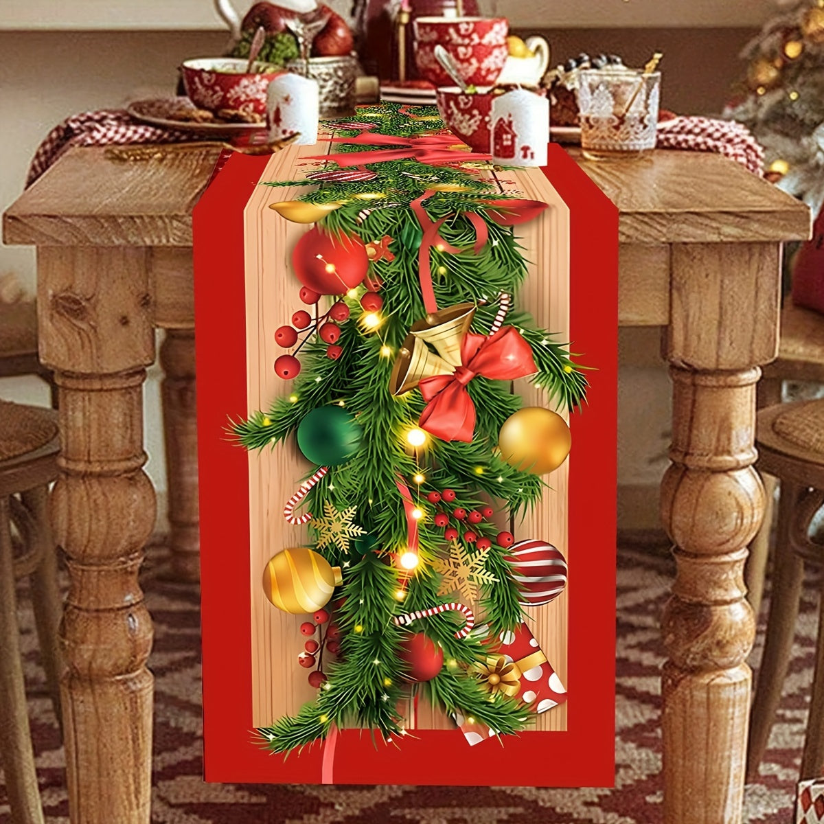 1pc Christmas Table Runner with Flower Vine & Bow Design