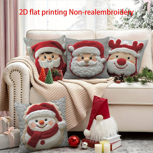 Soft 2D Printed Santa & Reindeer Throw Pillows Set 4pcs
