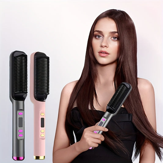 2-in-1 Straight & Curling Hair Comb with LCD Display