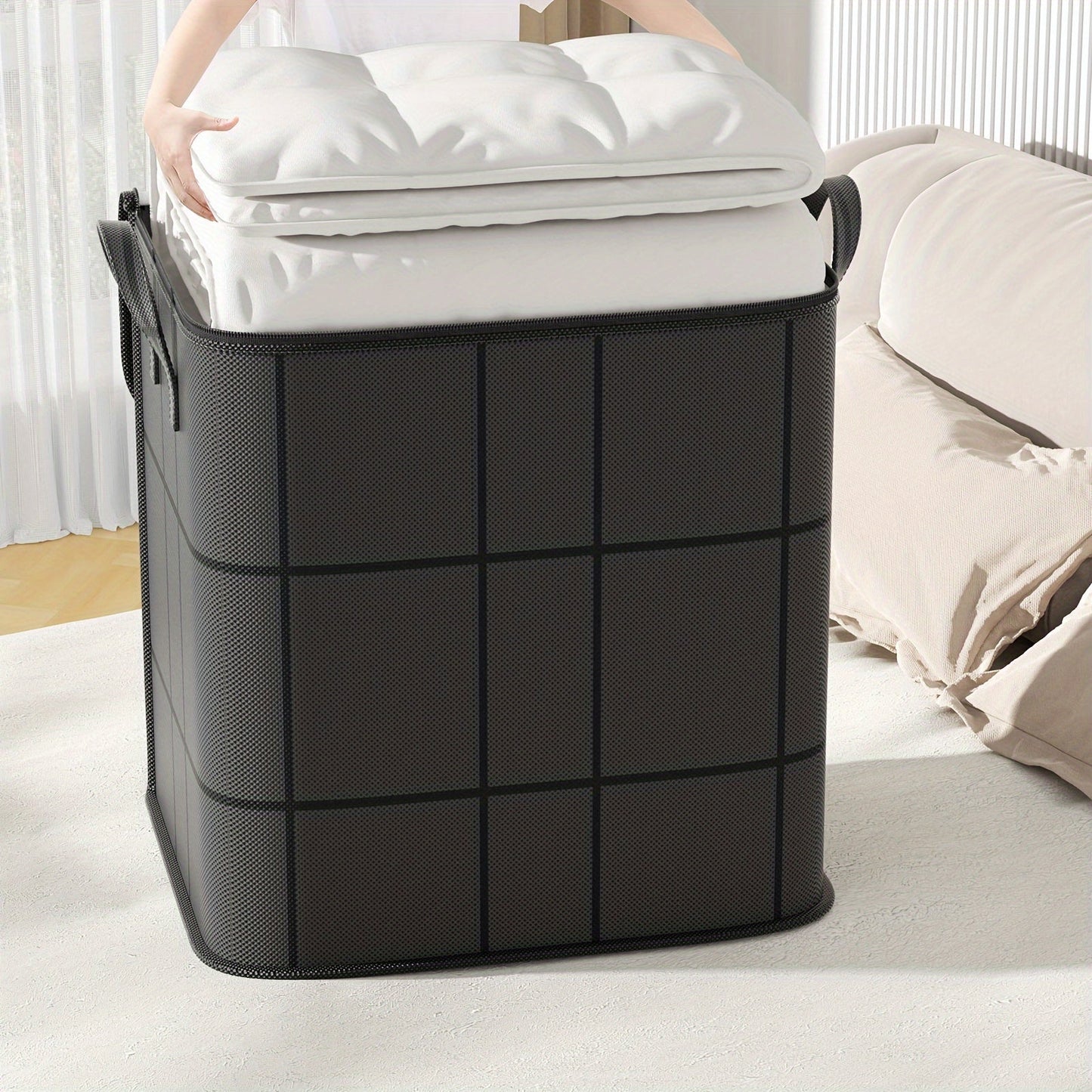 1pc Large Capacity Black Storage Bag with Zipper - Durable Non - Woven Fabric, Clear Window for Easy Viewing, Sturdy Handles & Reinforced Stitching, Perfect for Bedding, Clothes, Toys & More, Clothes Organizer Storage - HazMarket