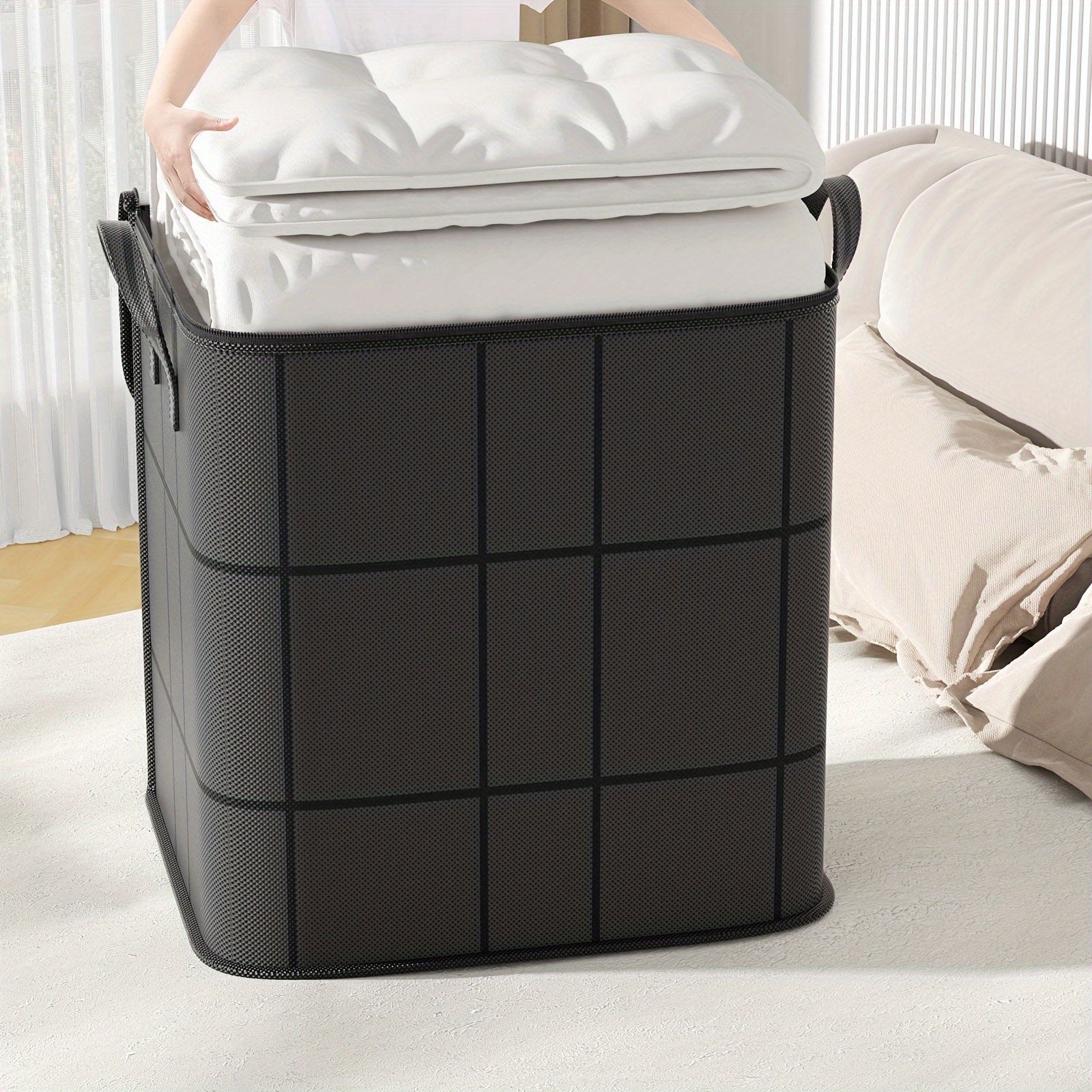 1pc Large Capacity Black Storage Bag with Zipper - Durable Non - Woven Fabric, Clear Window for Easy Viewing, Sturdy Handles & Reinforced Stitching, Perfect for Bedding, Clothes, Toys & More, Clothes Organizer Storage - HazMarket