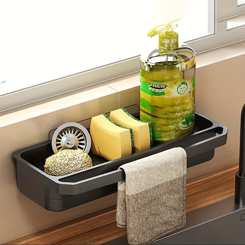 1pc Space - Saving Kitchen Sink Organizer - White Plastic Drain Rack with Towel Holder, Multi - Functional Wall - Mounted Storage for Sponges, Soap & Cleaning Tools, Ideal for Home Use, Kitchen Sink Accessories - HazMarket