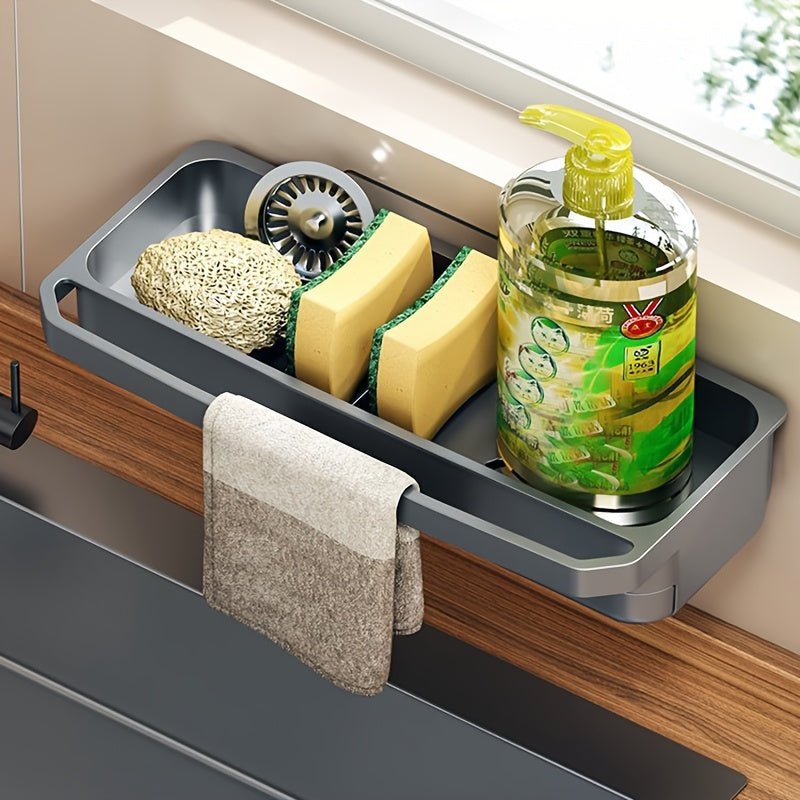 1pc Space - Saving Kitchen Sink Organizer - White Plastic Drain Rack with Towel Holder, Multi - Functional Wall - Mounted Storage for Sponges, Soap & Cleaning Tools, Ideal for Home Use, Kitchen Sink Accessories - HazMarket