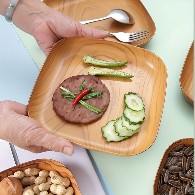 10pcs Wood-Grain Plastic Snack Trays