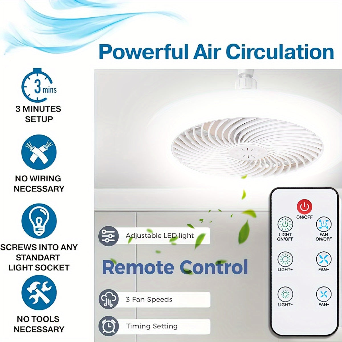 Quiet 50W LED Ceiling Fan Light with Remote Control