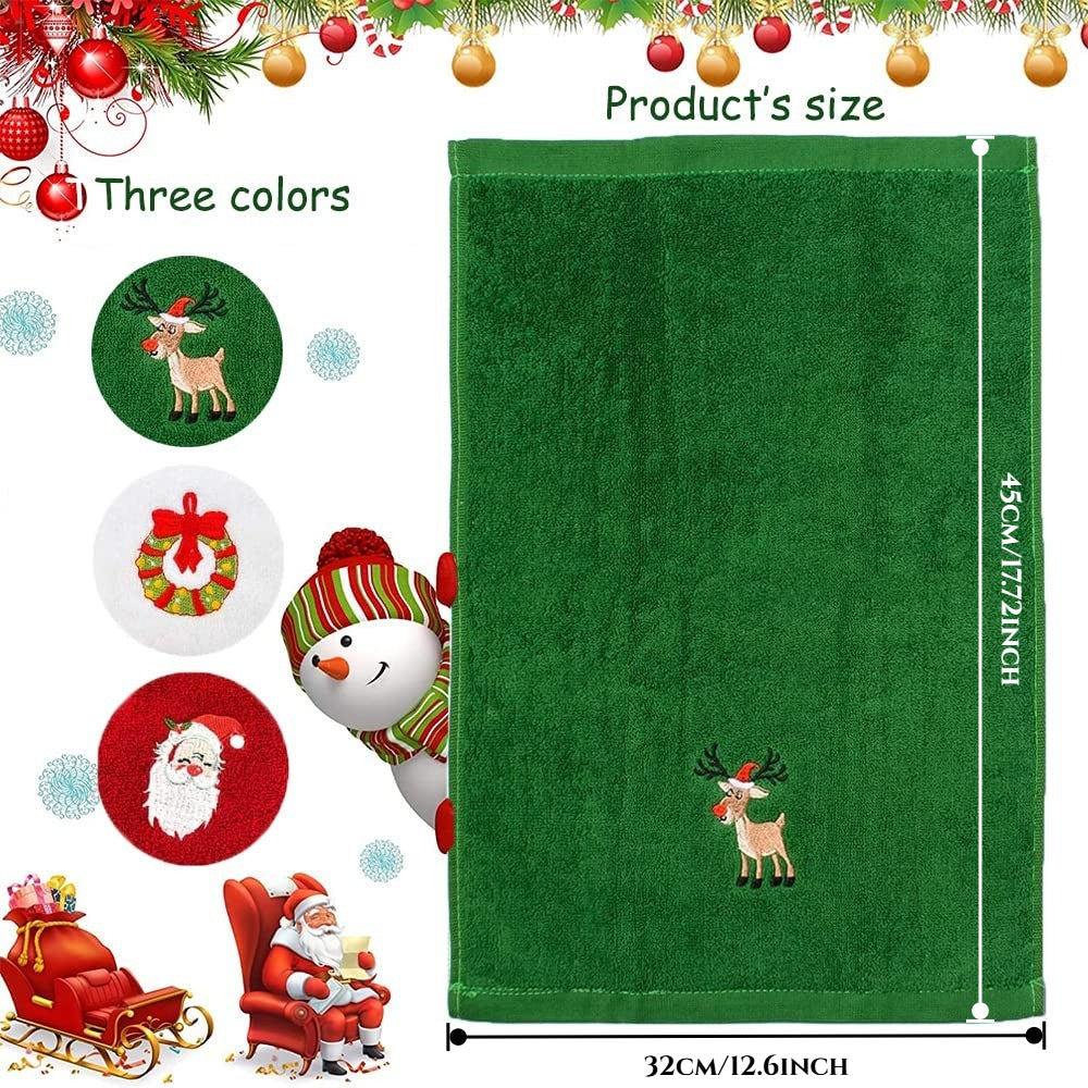 Set of 3 Hand Towels for Christmas Featuring Embroidered Designs of Santa Claus, Reindeer, Snowman and Christmas Tree