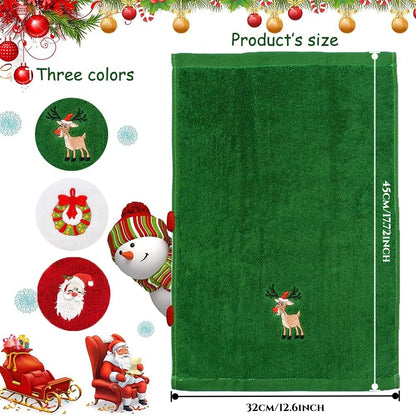 Set of 3 Hand Towels for Christmas Featuring Embroidered Designs of Santa Claus, Reindeer, Snowman and Christmas Tree