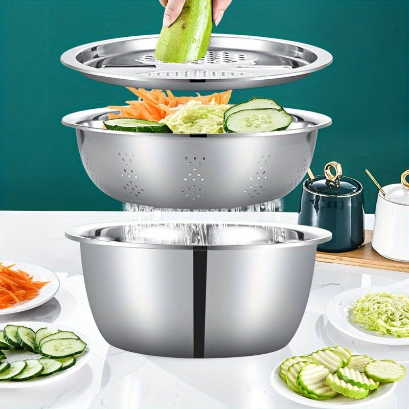 3pcs Stainless Steel Multi - Functional Strainer & Mixing Bowl - HazMarket