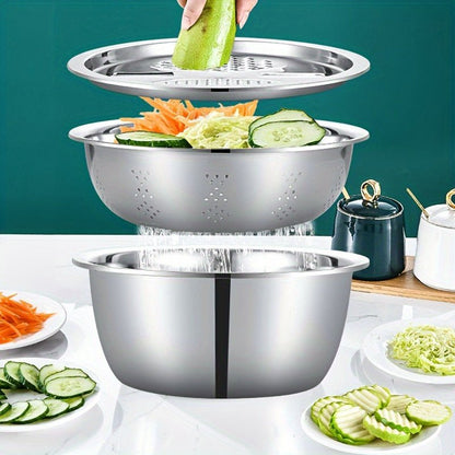 3pcs Stainless Steel Multi - Functional Strainer & Mixing Bowl - HazMarket