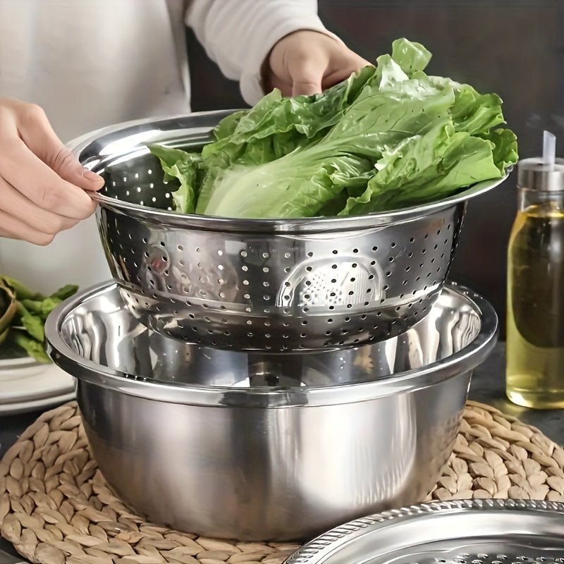 3pcs Stainless Steel Multi - Functional Strainer & Mixing Bowl - HazMarket