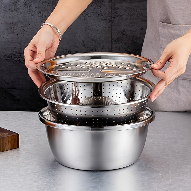 3pcs Stainless Steel Multi - Functional Strainer & Mixing Bowl - HazMarket