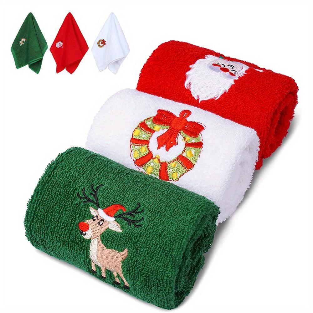 Set of 3 Hand Towels for Christmas Featuring Embroidered Designs of Santa Claus, Reindeer, Snowman and Christmas Tree