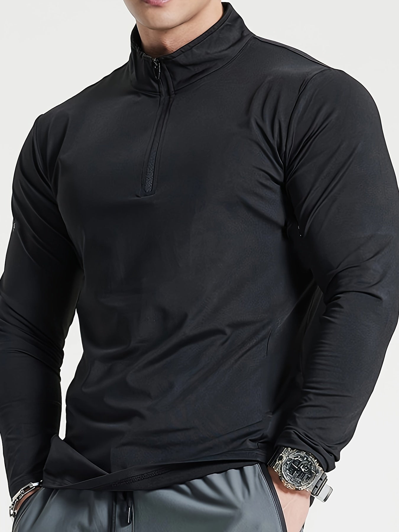 Half Zipper Stand Collar Slim-fit Long Sleeve Shirt