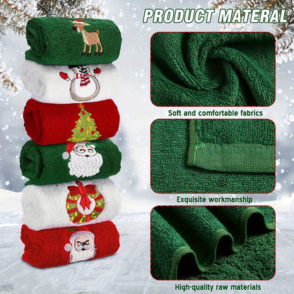 Set of 3 Hand Towels for Christmas Featuring Embroidered Designs of Santa Claus, Reindeer, Snowman and Christmas Tree