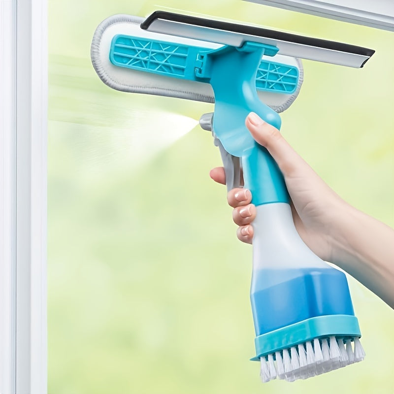 Versatile 4-in-1 Glass Cleaner Brush with Spray, Scraper and Scrubbing