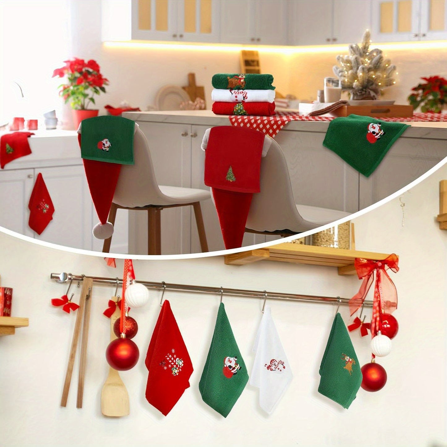Set of 3 Hand Towels for Christmas Featuring Embroidered Designs of Santa Claus, Reindeer, Snowman and Christmas Tree