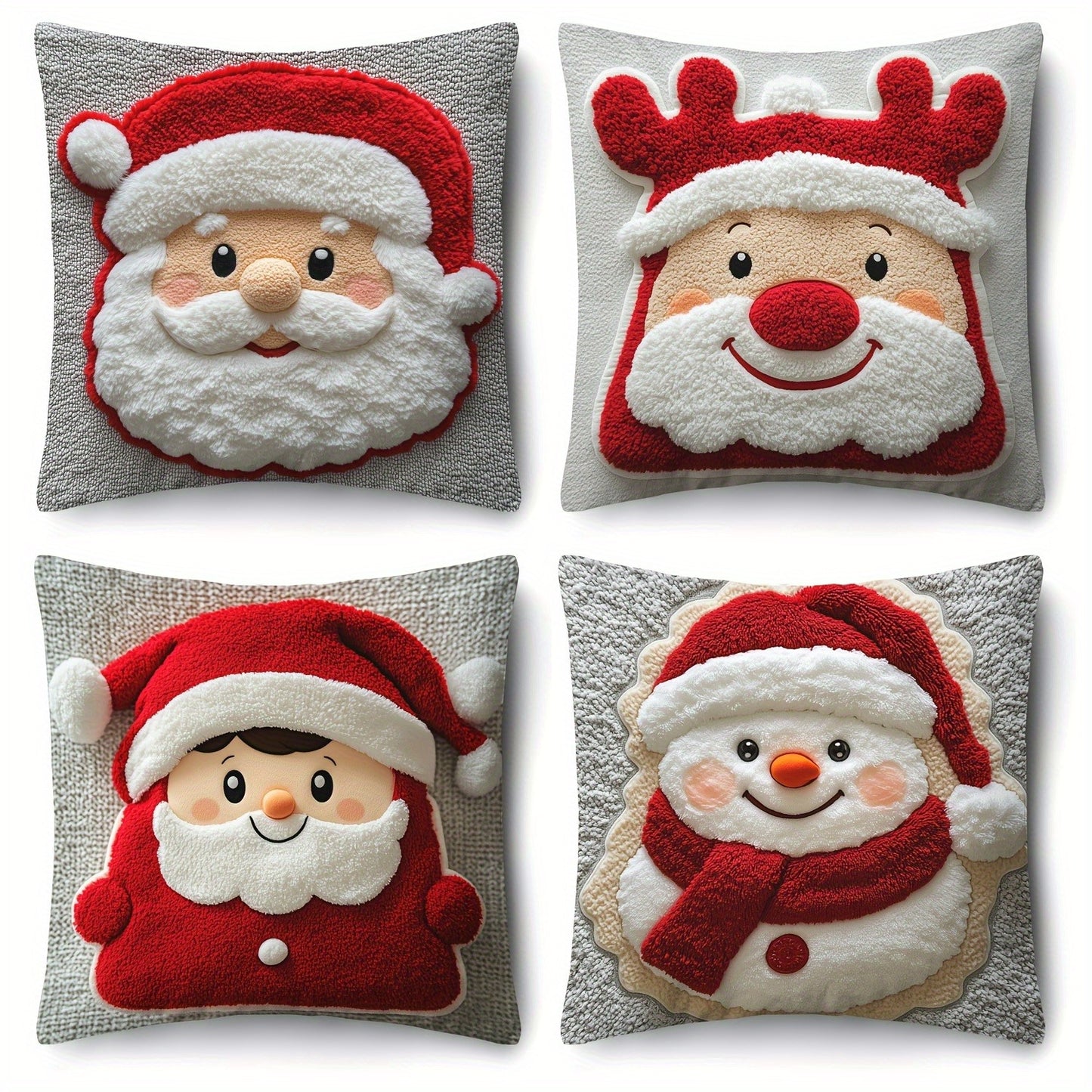 Soft 2D Printed Santa & Reindeer Throw Pillows Set 4pcs