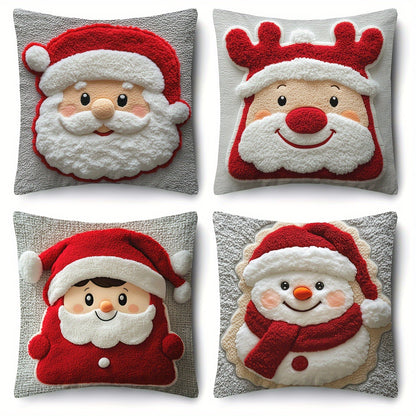 Soft 2D Printed Santa & Reindeer Throw Pillows Set 4pcs