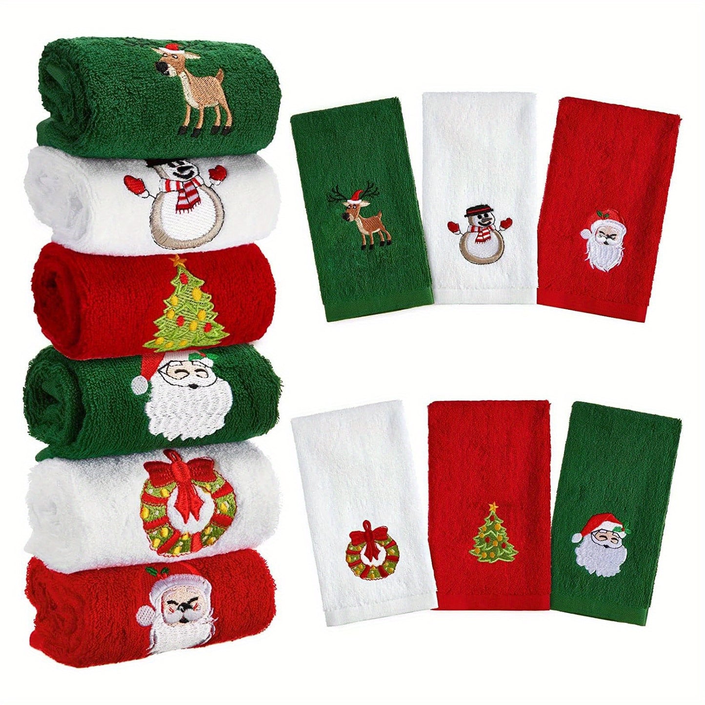 Set of 3 Hand Towels for Christmas Featuring Embroidered Designs of Santa Claus, Reindeer, Snowman and Christmas Tree