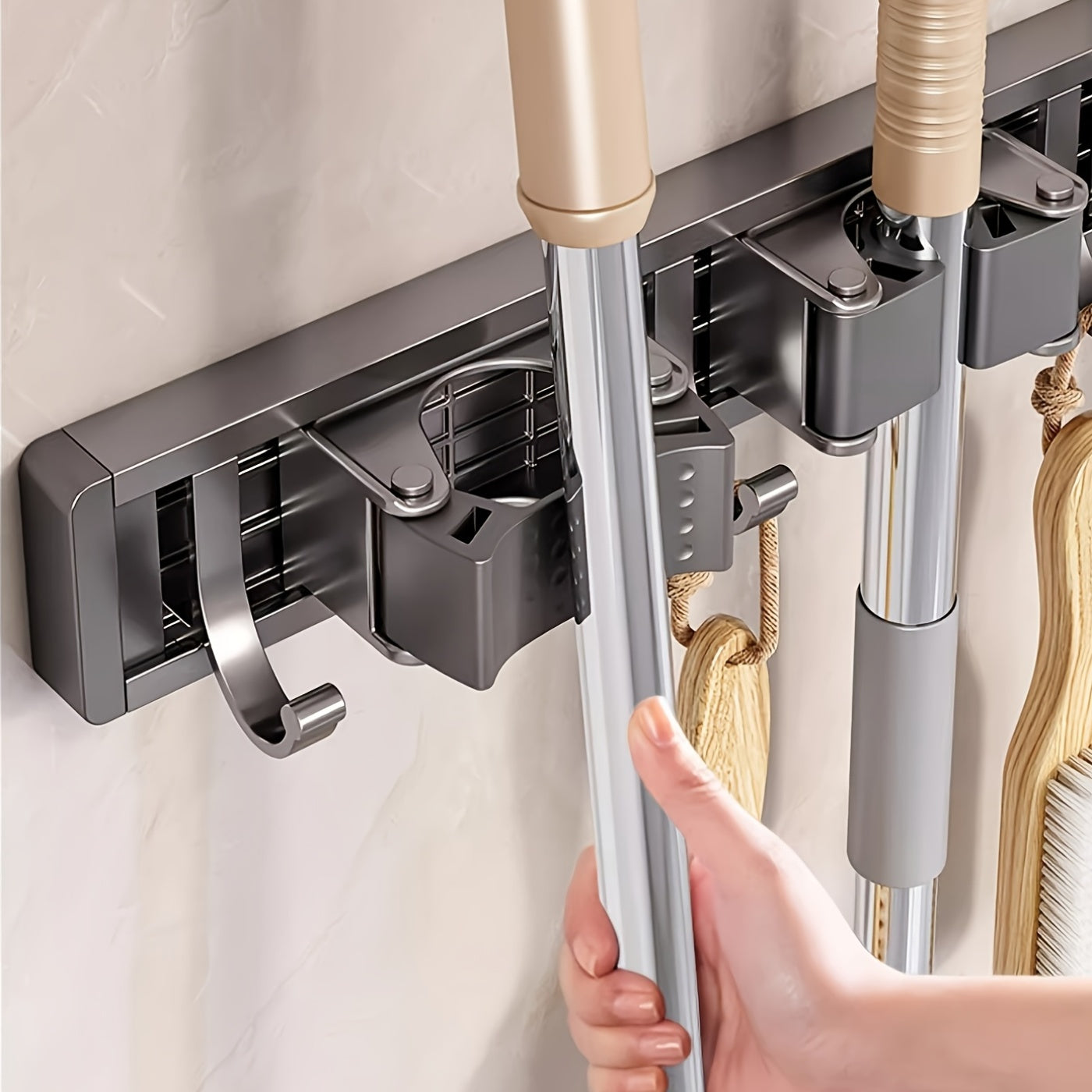 Heavy-Duty Mop and Broom Holder with Adjustable Hooks