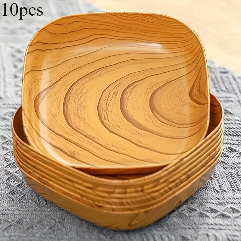 10pcs Wood-Grain Plastic Snack Trays