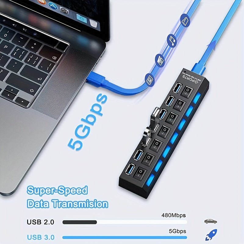 7 - Port USB Hub with Independent LED Switch - HazMarket