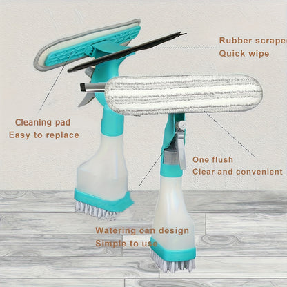 Versatile 4-in-1 Glass Cleaner Brush with Spray, Scraper and Scrubbing