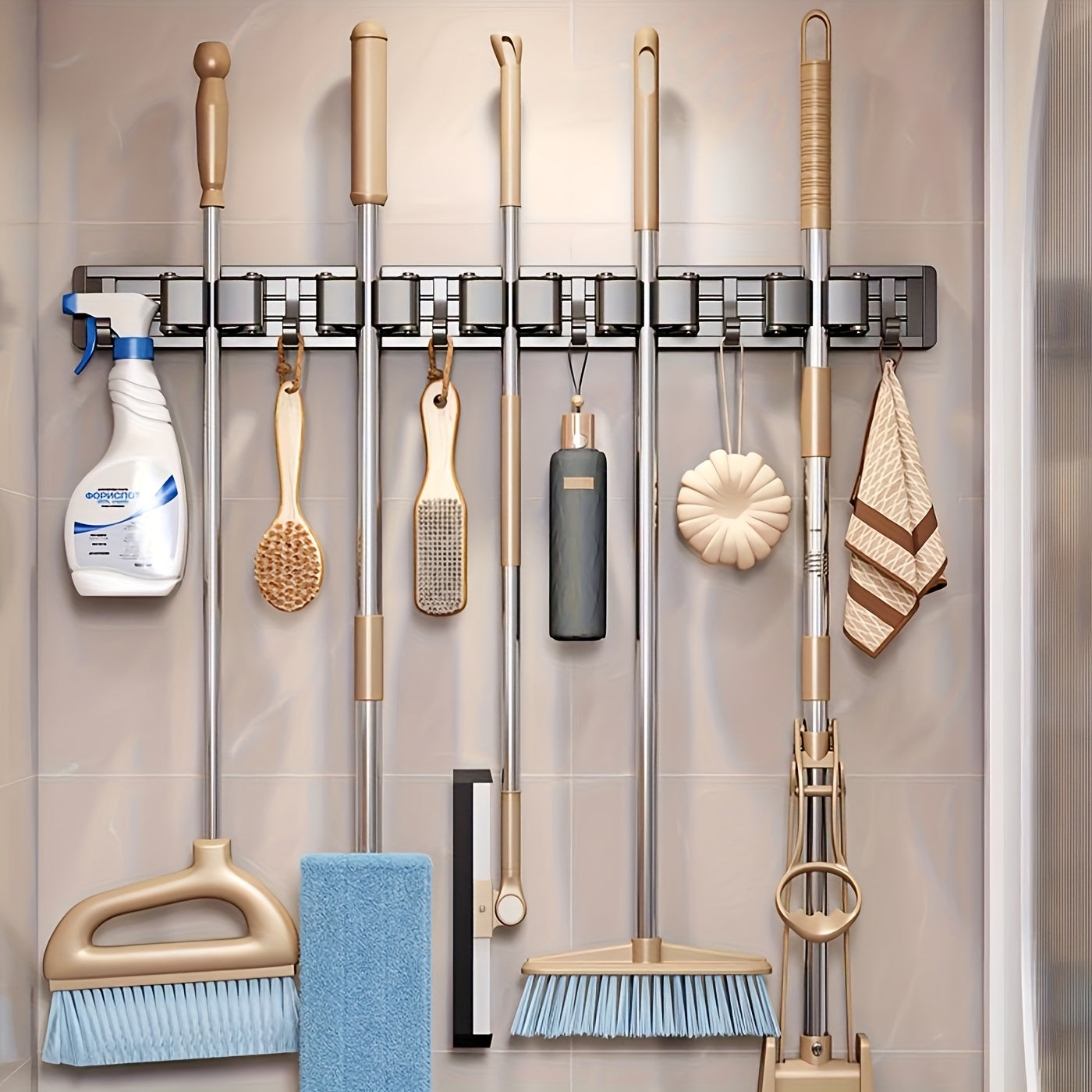 Heavy-Duty Mop and Broom Holder with Adjustable Hooks
