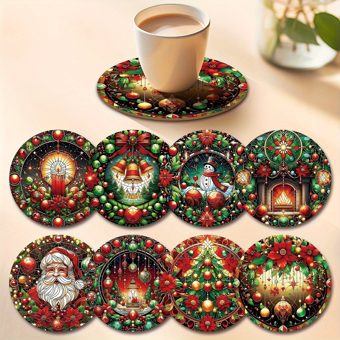 8pcs Holiday Christmas Wooden Coaster Set
