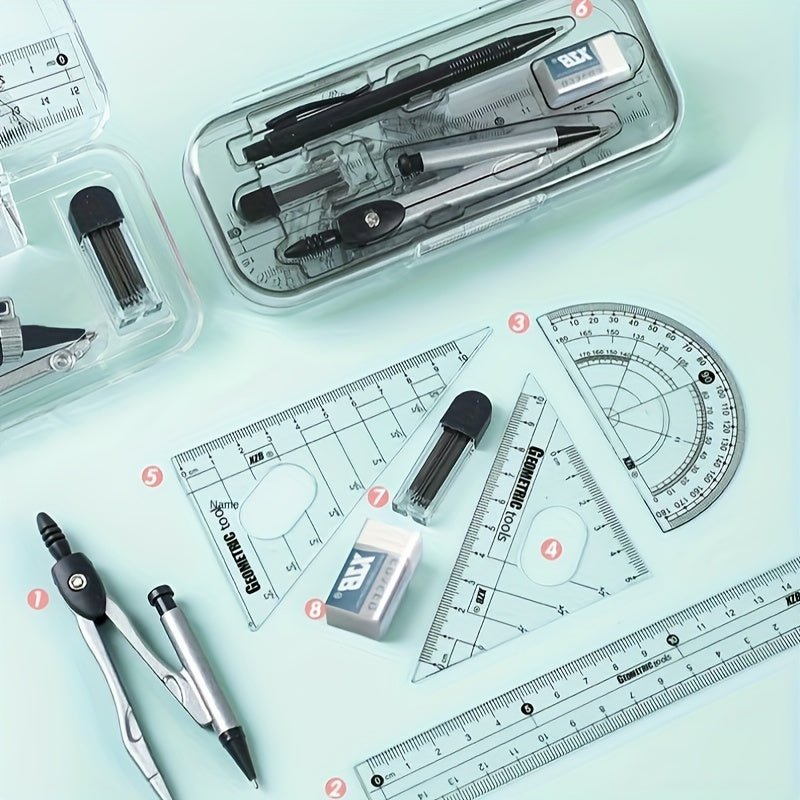 8pcs Transparent Plastic Geometry Compass and Ruler Set - HazMarket