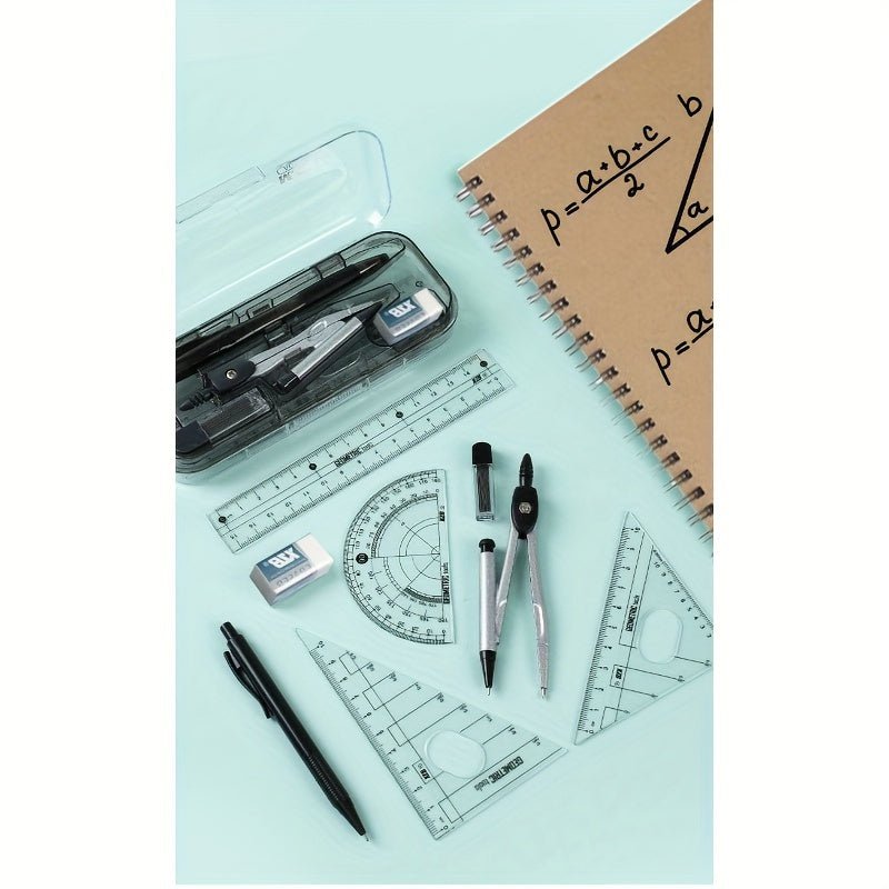 8pcs Transparent Plastic Geometry Compass and Ruler Set
