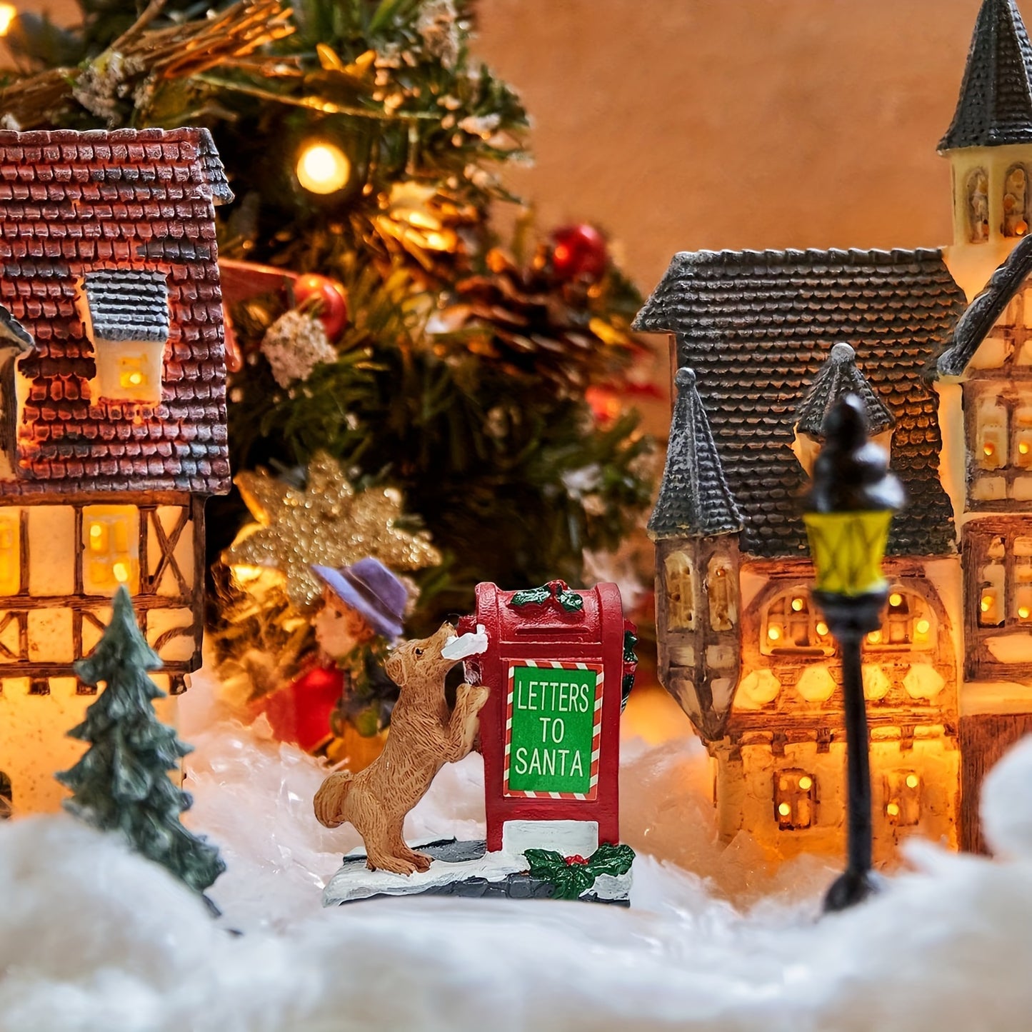 Resin Christmas Village Scene with Santa's Mailbox & Dog